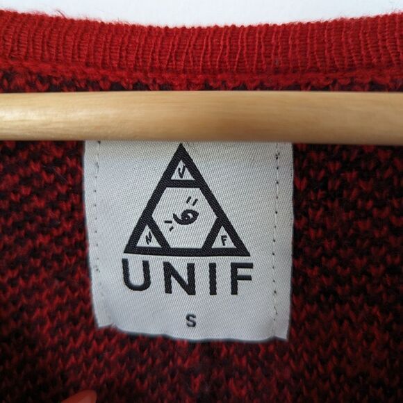 UNIF red black plaid knit Kurt distressed destroyed frayed round neck sweater - Picture 3 of 6